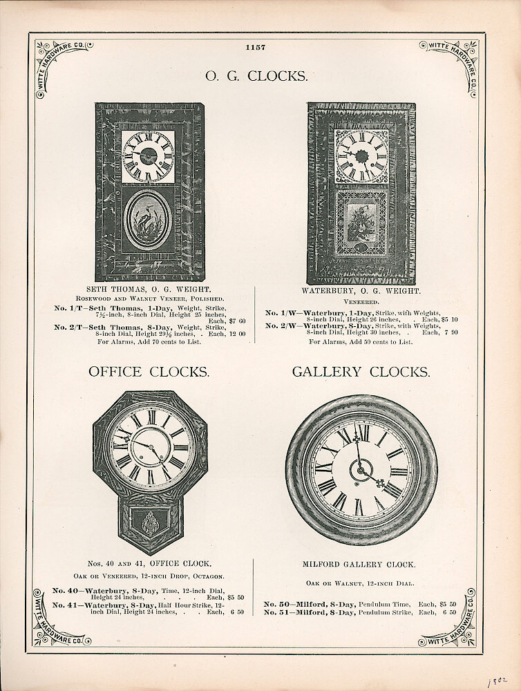 Witte Hardware 1902 Catalog > 1157. Seth Thomas O. G. Clocks, 1-day And 8-day. Waterbury Clocks O. G. (1-day And  8-day), No. 40 And 41 Office Clock (drop Octagon), Milford Gallery Clock.