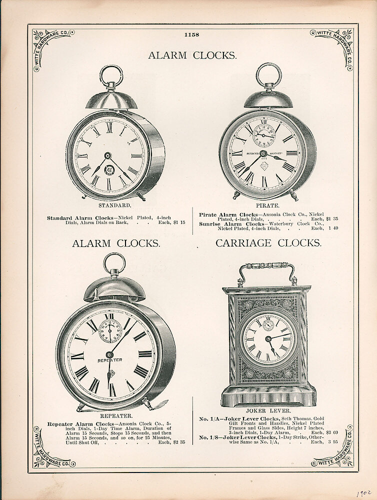 Witte Hardware 1902 Catalog > 1158. Westclox Standard Alarm. Ansonia Pirate And Repeater Alarms. Seth Thomas Joker Lever.