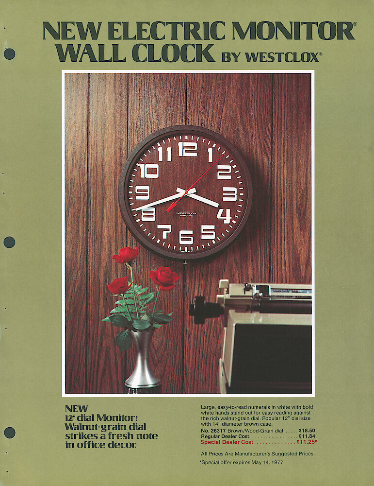 1975 New & Specials > Electric Monitor Wall Clock & Quartzmatic Commercial Wall Clocks p1. New Electric Monitor Wall Clock. Walnut-grain Dial.