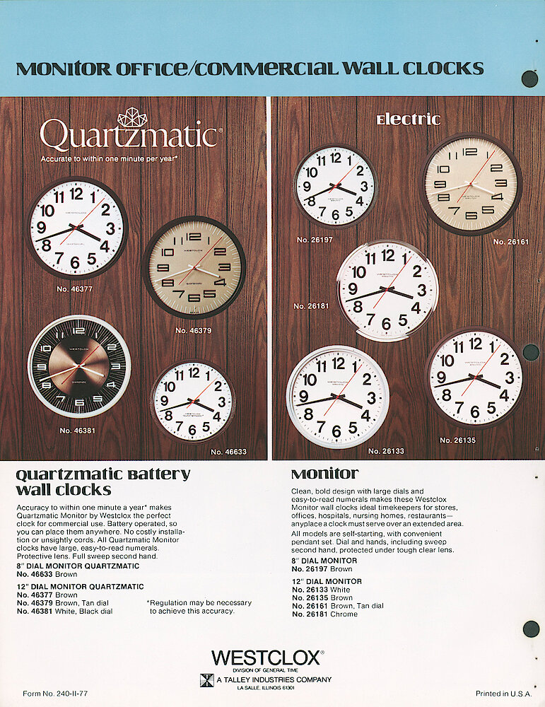 1975 New & Specials > Electric Monitor Wall Clock & Quartzmatic Commercial Wall Clocks p2. Monitor Office/Commercial Wall Clocks. Quartzmatic (4 Models) Or Electric (5 Models).