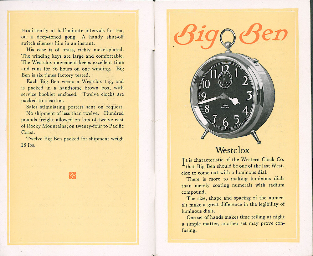 Westclox Catalog ca. 1921. 3 1/2 by 5 5/8 inch small catalog. > 2-3. Page 2 Of Big Ben Plain Description. Big Ben Leg Model Style 1a Luminous.