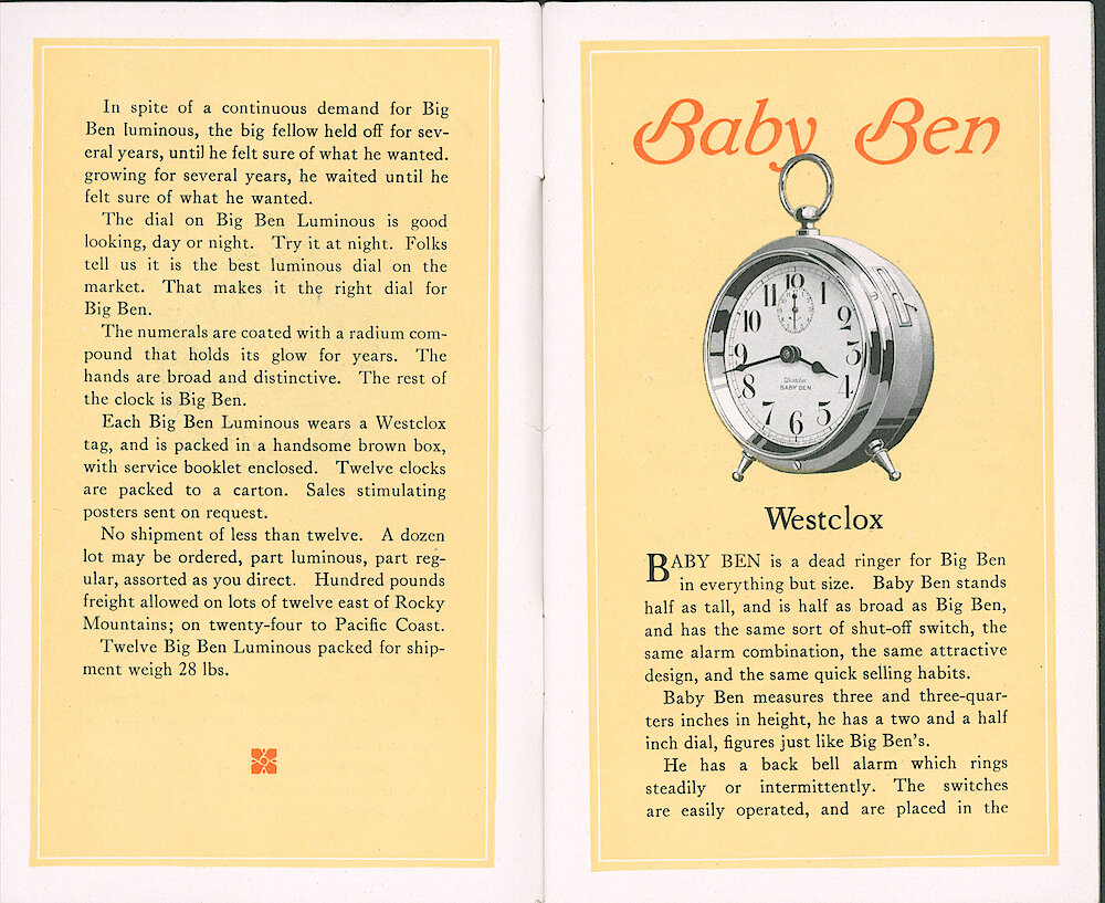 Westclox Catalog ca. 1921. 3 1/2 by 5 5/8 inch small catalog. > 4-5. Page 2 Of Big Ben Style 1a Luminous Description. Baby Ben Style 1 Plain.