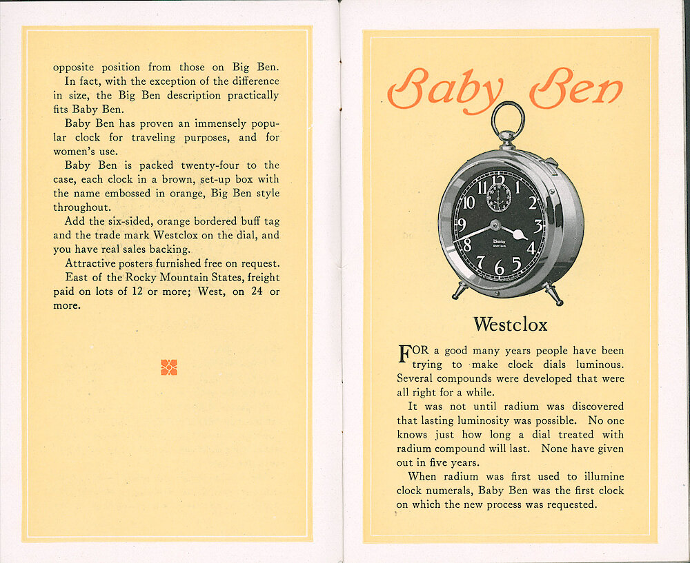 Westclox Catalog ca. 1921. 3 1/2 by 5 5/8 inch small catalog. > 6-7. Page 2 Of Baby Ben Style 1 Plain Description. Baby Ben Style 1 Luminous.