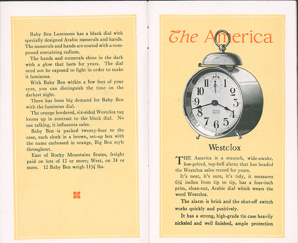 Westclox Catalog ca. 1921. 3 1/2 by 5 5/8 inch small catalog. > 8-9. Page 2 Of Baby Ben Style 1 Luminous Description. America Style 1.