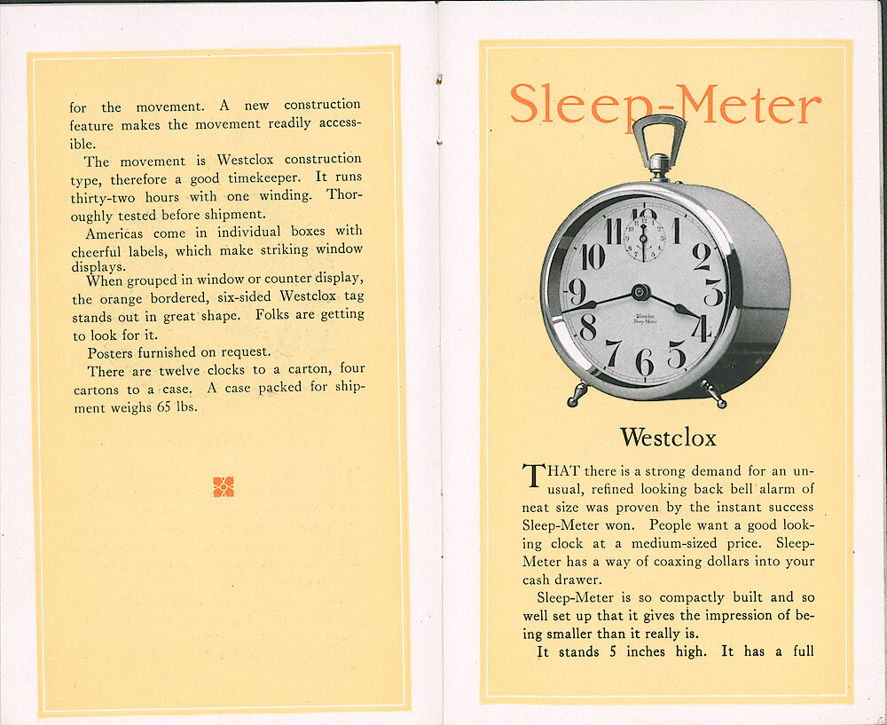 Westclox Catalog ca. 1921. 3 1/2 by 5 5/8 inch small catalog. > 10-11. Page 2 Of America Style 1 Description. Sleep-Meter Style 1.