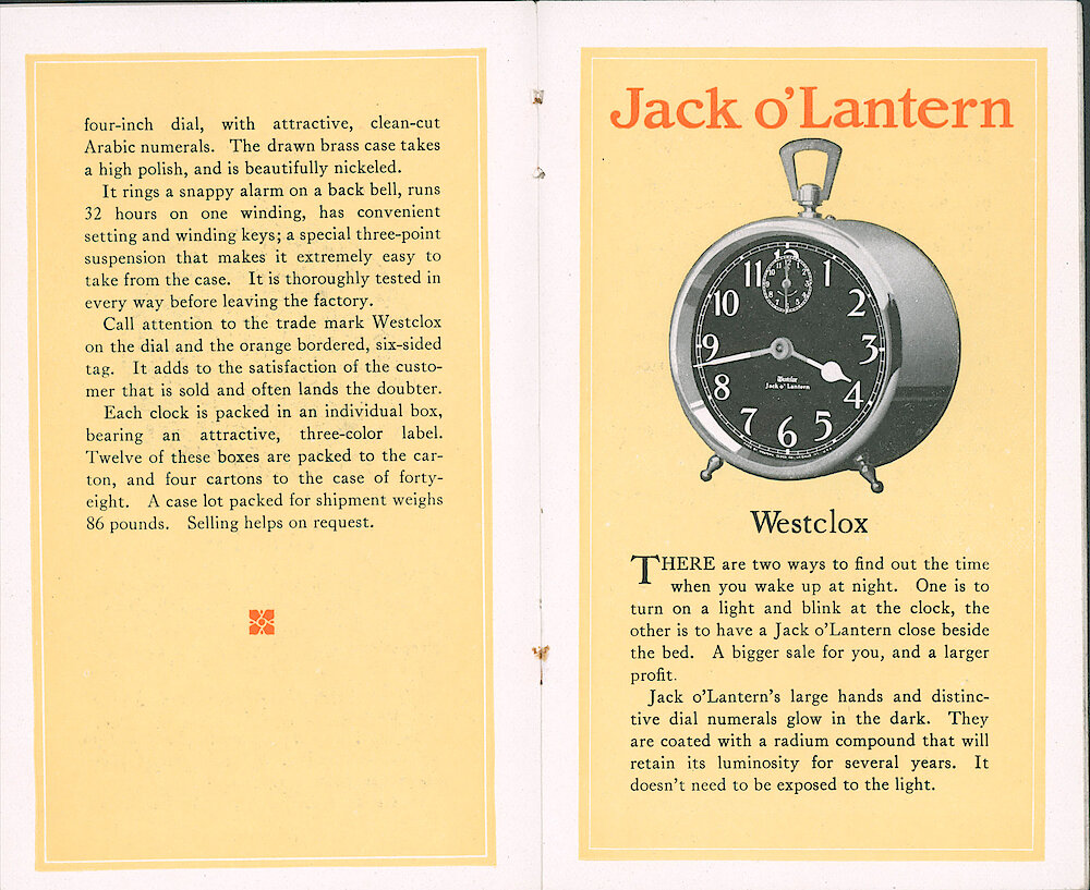 Westclox Catalog ca. 1921. 3 1/2 by 5 5/8 inch small catalog. > 12-13. Page 2 Of Sleep-Meter Style 1 Description. Jack O&039;Lantern.