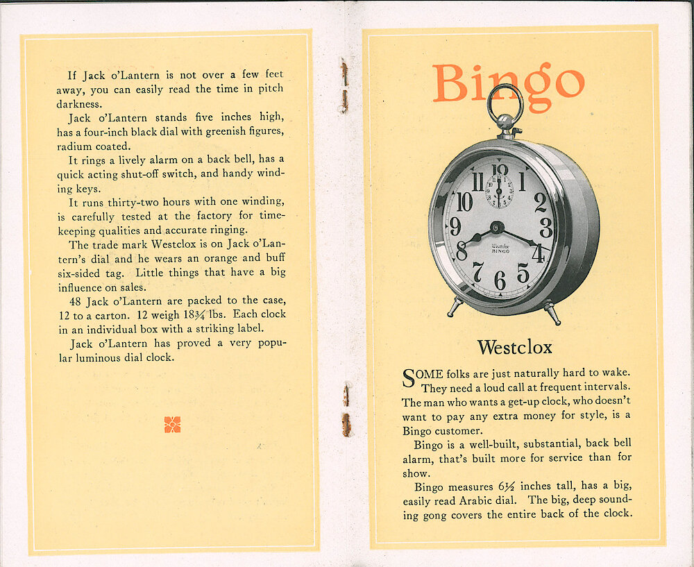 Westclox Catalog ca. 1921. 3 1/2 by 5 5/8 inch small catalog. > 14-15. Page 2 Of Jack O&039;Lantern Description. Bingo Style 1.