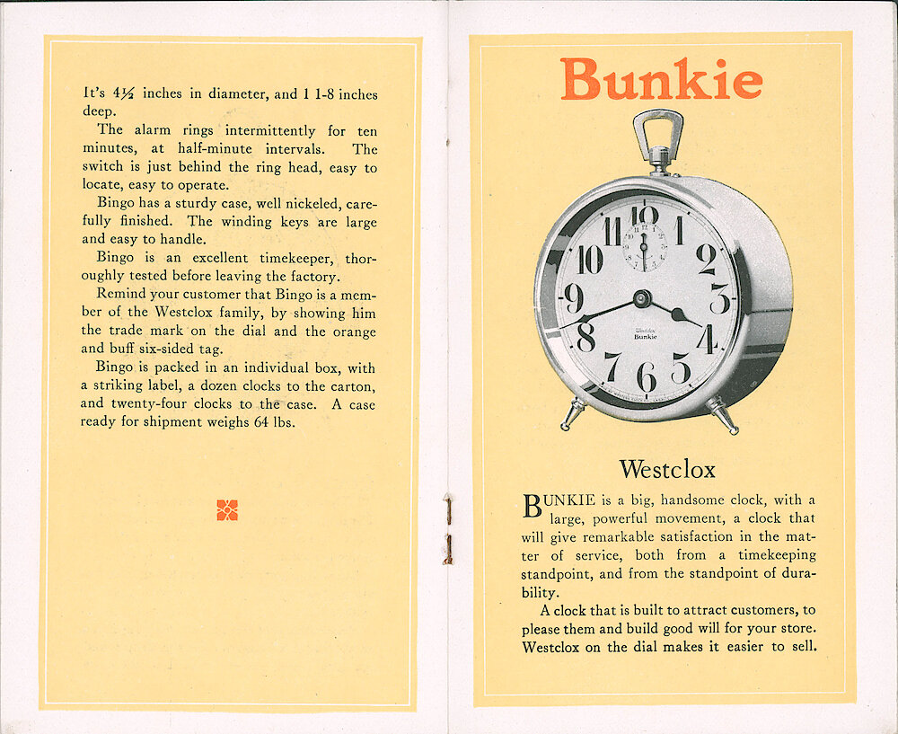 Westclox Catalog ca. 1921. 3 1/2 by 5 5/8 inch small catalog. > 16-17. Page 2 Of Bingo Style 1 Description. Bunkie.