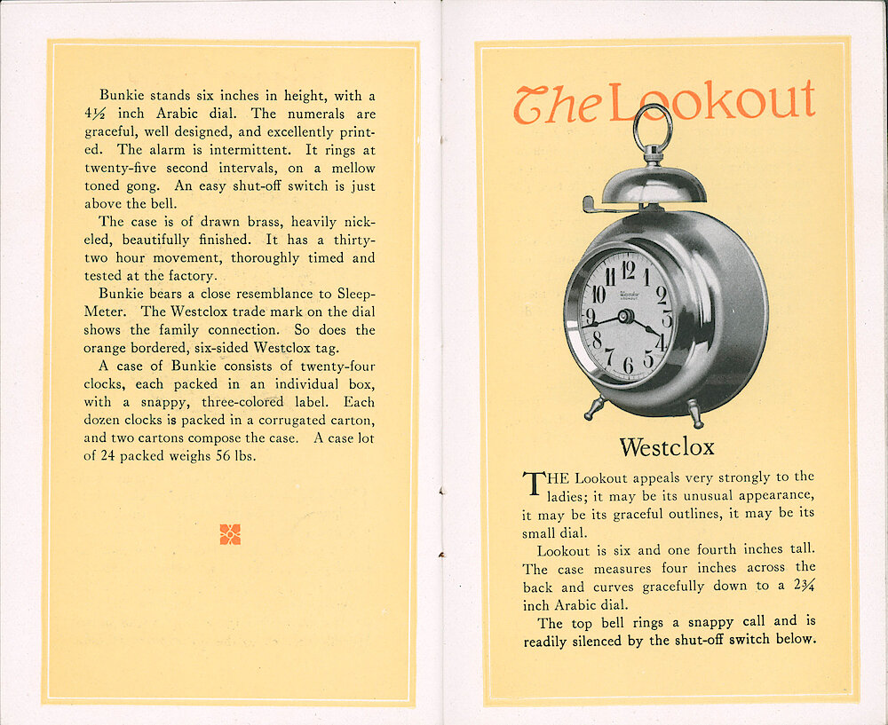 Westclox Catalog ca. 1921. 3 1/2 by 5 5/8 inch small catalog. > 18-19. Page 2 Of Bunkie Description. The Lookout.