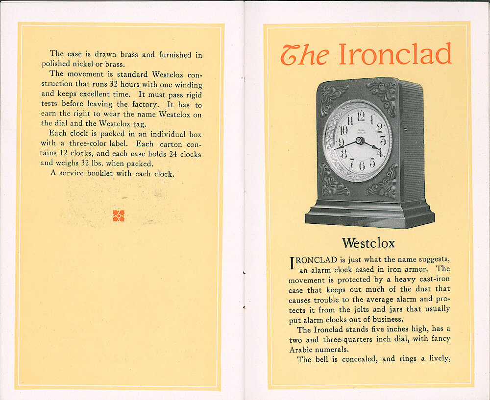 Westclox Catalog ca. 1921. 3 1/2 by 5 5/8 inch small catalog. > 20-21. Page 2 Of The Lookout Description. The Ironclad.