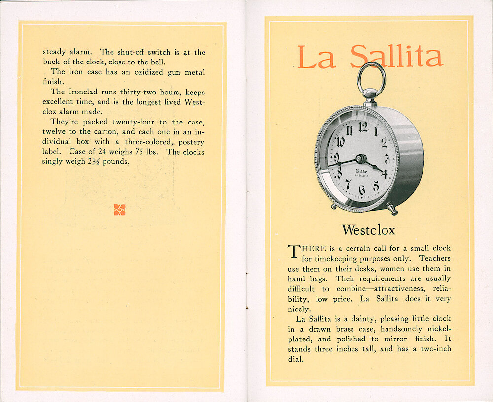 Westclox Catalog ca. 1921. 3 1/2 by 5 5/8 inch small catalog. > 22-23. Page 2 Of The Ironclad Description. La Sallita.