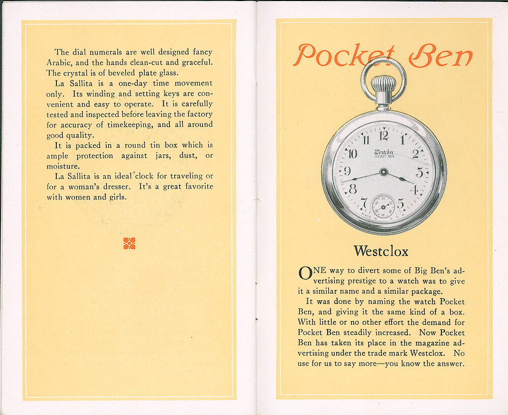 Westclox Catalog ca. 1921. 3 1/2 by 5 5/8 inch small catalog. > 24-25. Page 2 Of La Sallita Description. Pocket Ben.