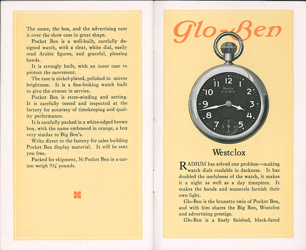 Westclox Catalog ca. 1921. 3 1/2 by 5 5/8 inch small catalog. > 26-27. Page 2 Of Pocket Ben Description. Glo-Ben.