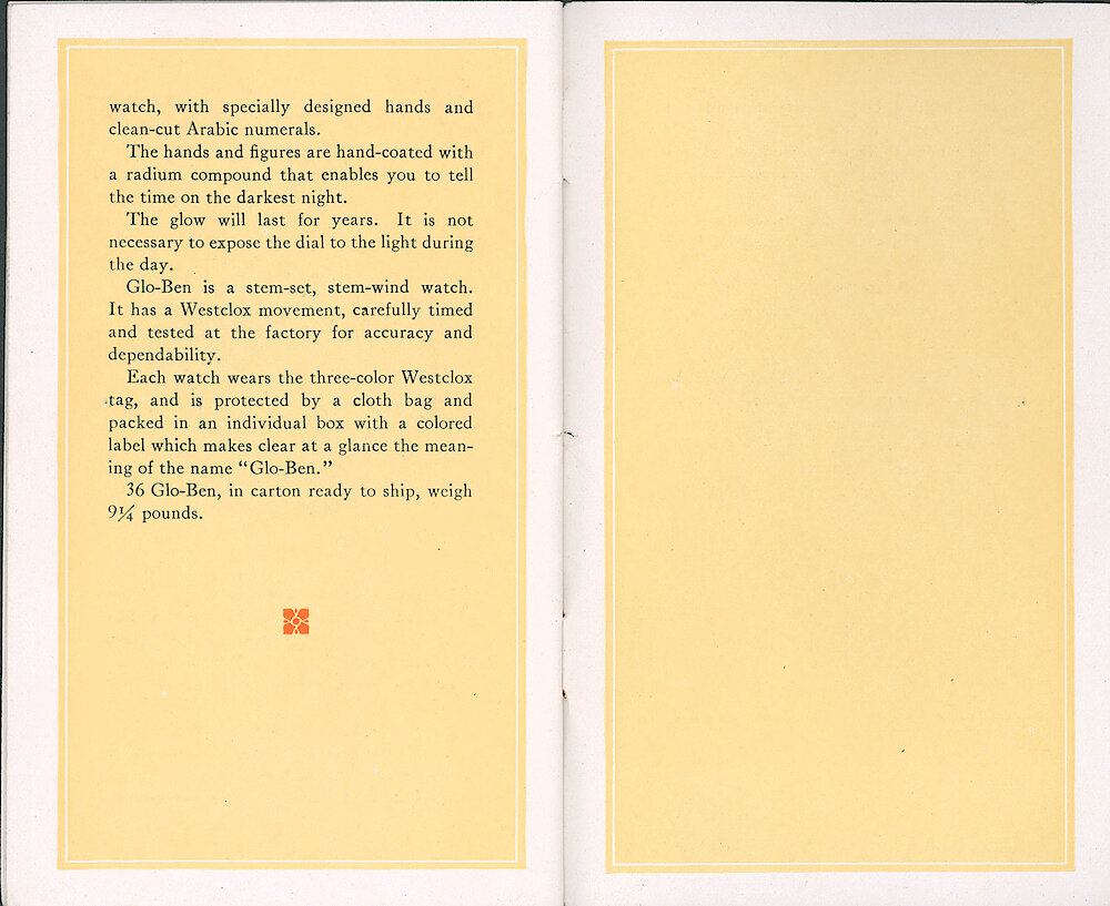Westclox Catalog ca. 1921. 3 1/2 by 5 5/8 inch small catalog. > 28-29. Page 2 Of Glo-Ben Description.