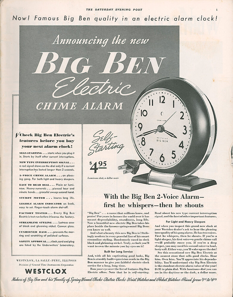 April 22, 1939 Saturday Evening Post, p. 1. Introductory Ad For Big Ben Style 5a Chime Alarm Electric