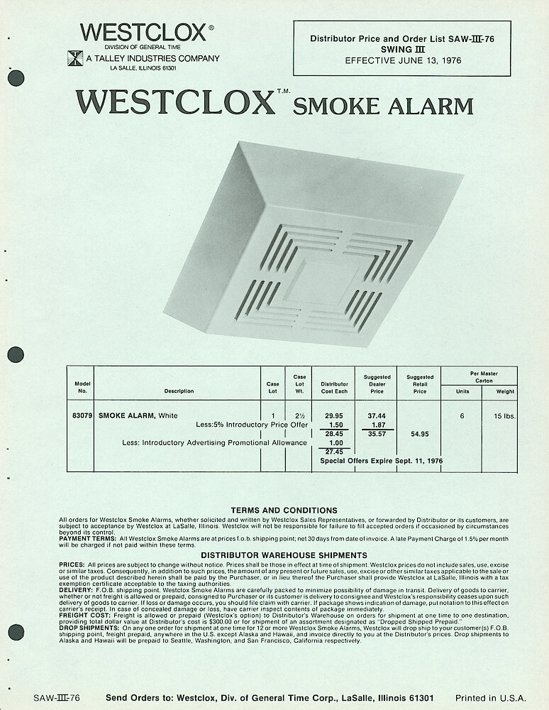 Westclox Smoke Alarm 1976 SAW-III-76 SWING III. Smoke Alarm 83079.