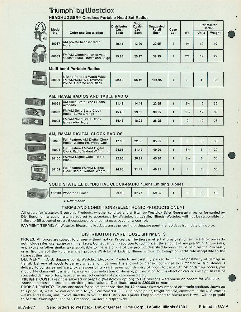 Westclox Clock Radios, Cassette Recorder, Headhugger Portable Head Set Radios, Multiband Portable Radios, Table Radios. ELW-I-77 > 2