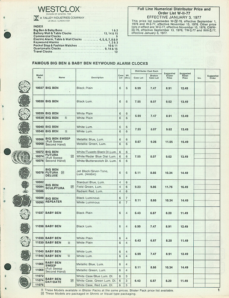 Westclox Full Line Price List 1977. W-II-77 > 1