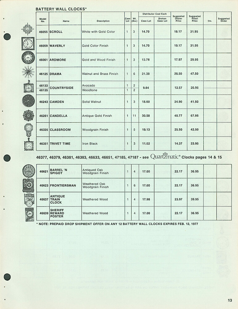 Westclox Full Line Price List 1977. W-II-77 > 13