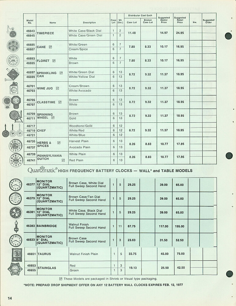 Westclox Full Line Price List 1977. W-II-77 > 14