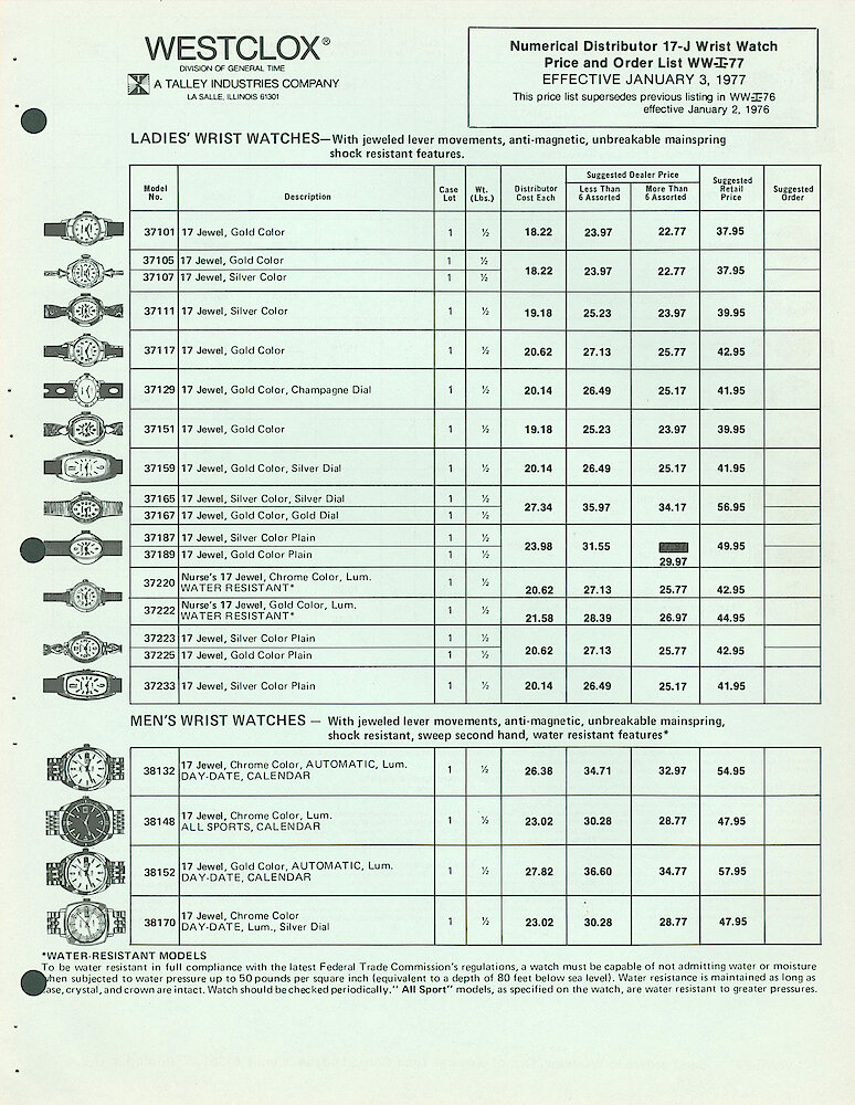 Westclox Wrist Watch Price List 1977 WW-I-77 > 1