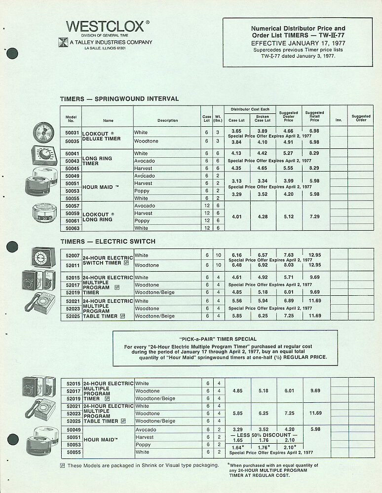 Westclox timersSpringwound Interval and Electric Switch Price List 1977 TW-II-77 > 1