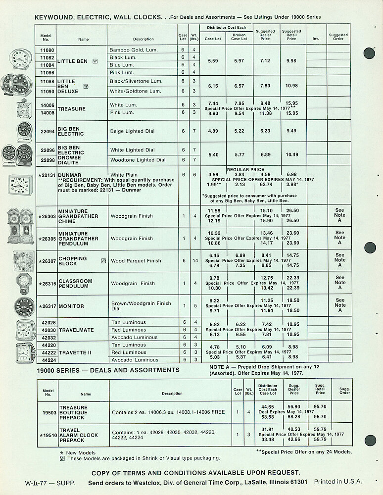 Westclox Price List SupplementBig Ben, Baby Ben, Dunmar, Miniature Grandfather, Chopping Block, Classroom Pendulum, Monoitor 26317, Travelmate, Travette II. W-IIB-77 > 2