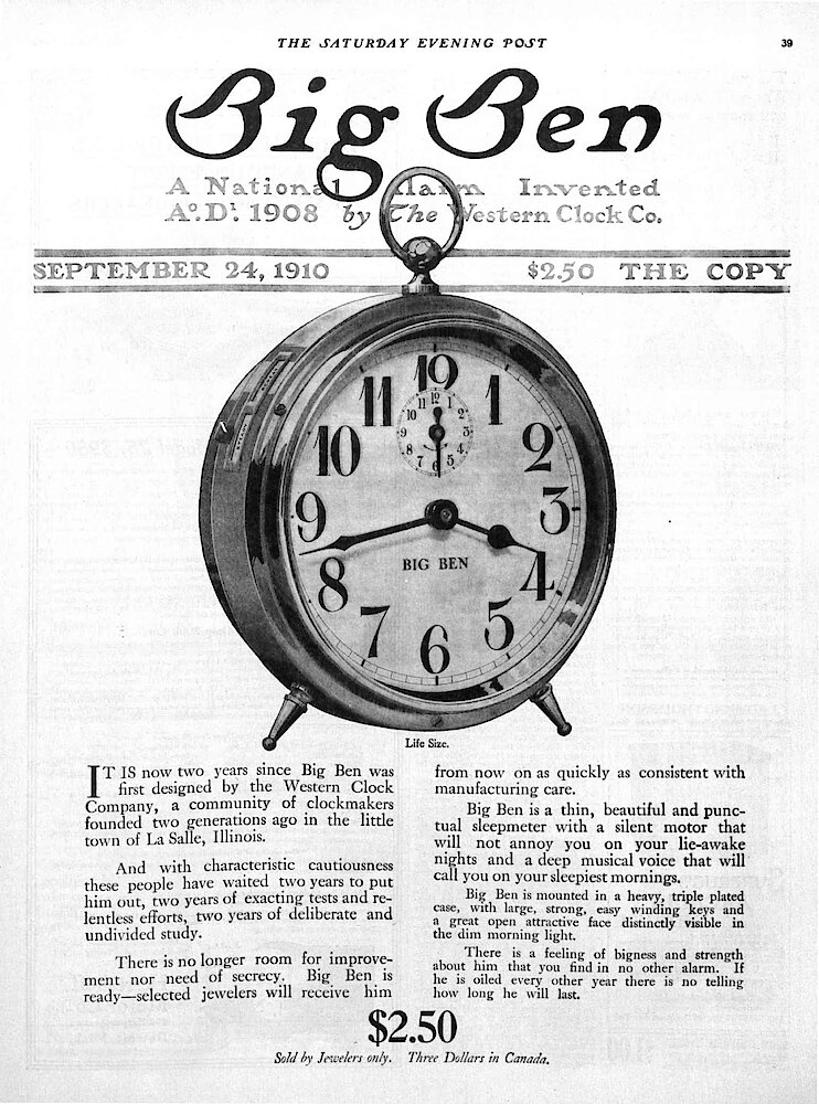 September 24, 1910 Saturday Evening Post, p. 39.. The First Big Ben Advertisement, On Page 39 Of The Saturday Evening Post, September 24, 1910.