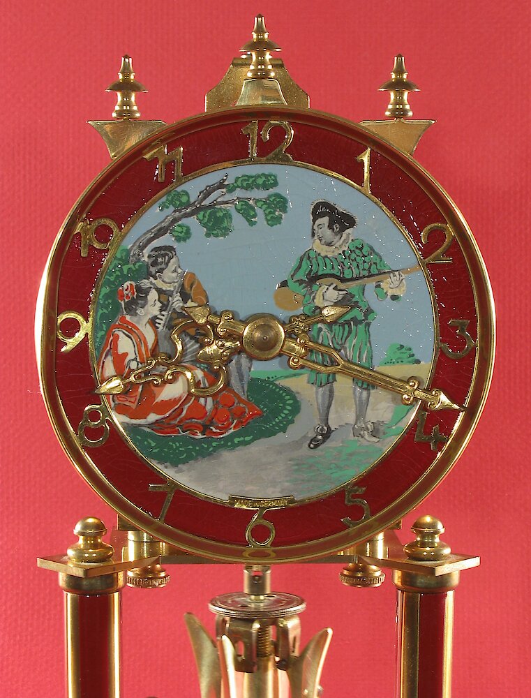 Schatz Standard Maroon Painted 400 Day Clock Painted Dial Lute Player Flute Player Woman. Schatz Standard Maroon Painted 400 Day Clock Painted Dial Lute Player Flute Player Woman Clock Example Photo