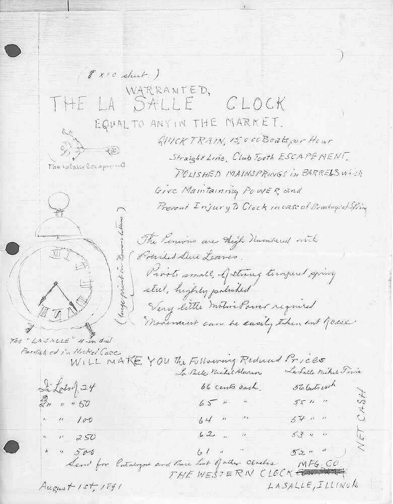 The La Salle Clock advertisement, 1891.. "The La Salle Clock, Warranted, Equal To Any On The Market." Available In Alarm Or Time, Prices Are Given. This Is A Drawing Dana Blackwell Of The American Clock And Watch Museum In Bristol, CT Made For Me In The Early 1980s. I Don&039;t Know Which Magazine It Is From.