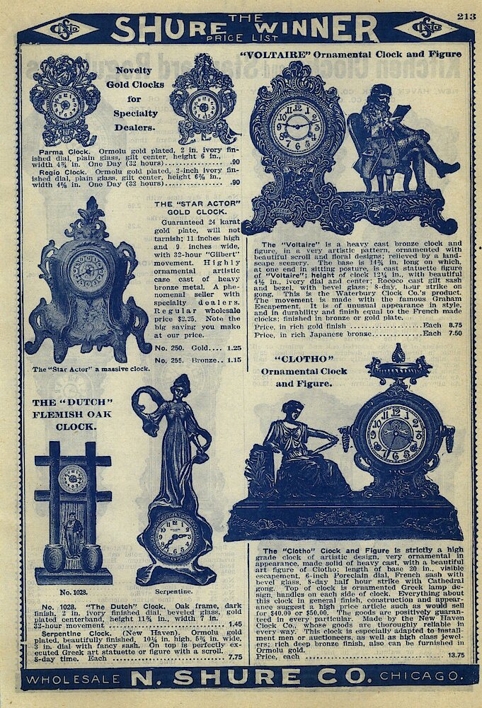 N. Shure Co. 1907 Catalog > 213. Westclox Clocks Parma, Reggio, Large Vendome (called Star Actor Here), Dutch.