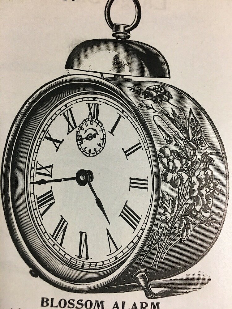 Busiest House In America ca. 1902 Catalog, page 348. The Clock Called The Blossom Alarm Looks Like It Could Be A Westclox, But The Case&039;s Painted Pattern Is Different Than The Vine, Daisy Or Heraldic Enameled Alarm.