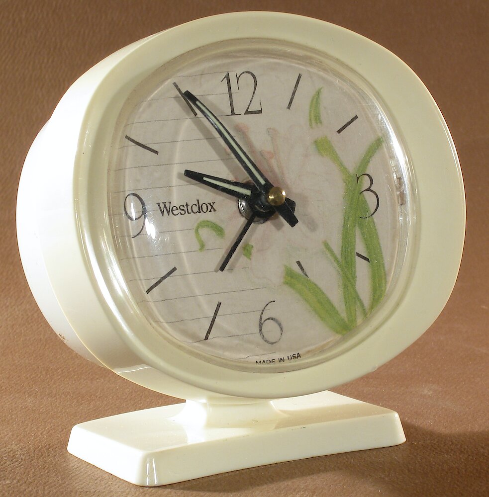 Westclox Lady Ben Blossom Baby Ben Style 9 White Case. Westclox Lady Ben Blossom Baby Ben Style 9 White Case Clock Example Photo