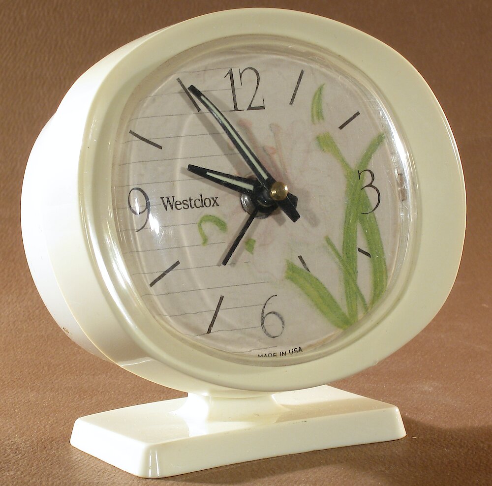 Westclox Lady Ben Blossom Baby Ben Style 9 White Case. Westclox Lady Ben Blossom Baby Ben Style 9 White Case Clock Example Photo