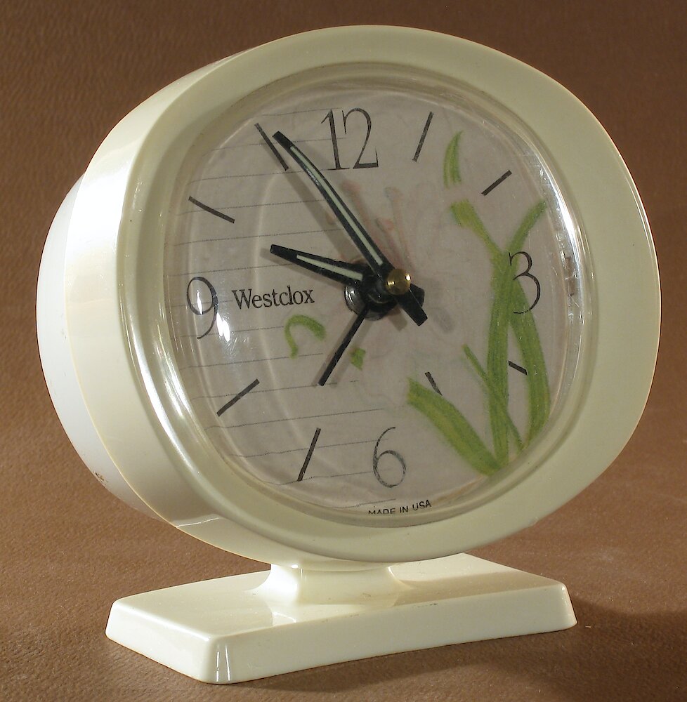 Westclox Lady Ben Blossom Baby Ben Style 9 White Case. Westclox Lady Ben Blossom Baby Ben Style 9 White Case Clock Example Photo