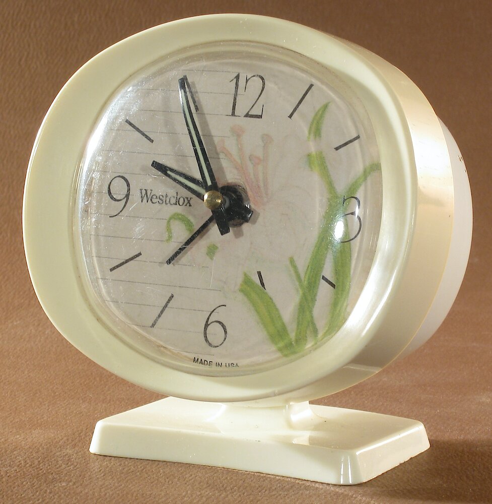 Westclox Lady Ben Blossom Baby Ben Style 9 White Case. Westclox Lady Ben Blossom Baby Ben Style 9 White Case Clock Example Photo