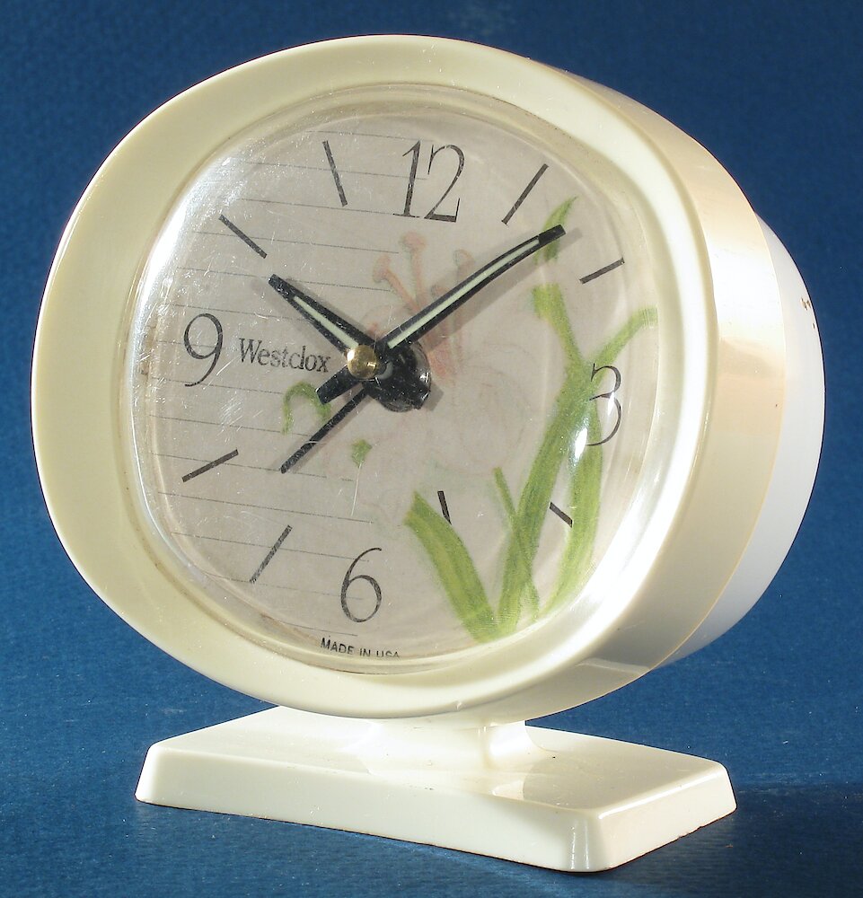 Westclox Lady Ben Blossom Baby Ben Style 9 White Case. Westclox Lady Ben Blossom Baby Ben Style 9 White Case Clock Example Photo