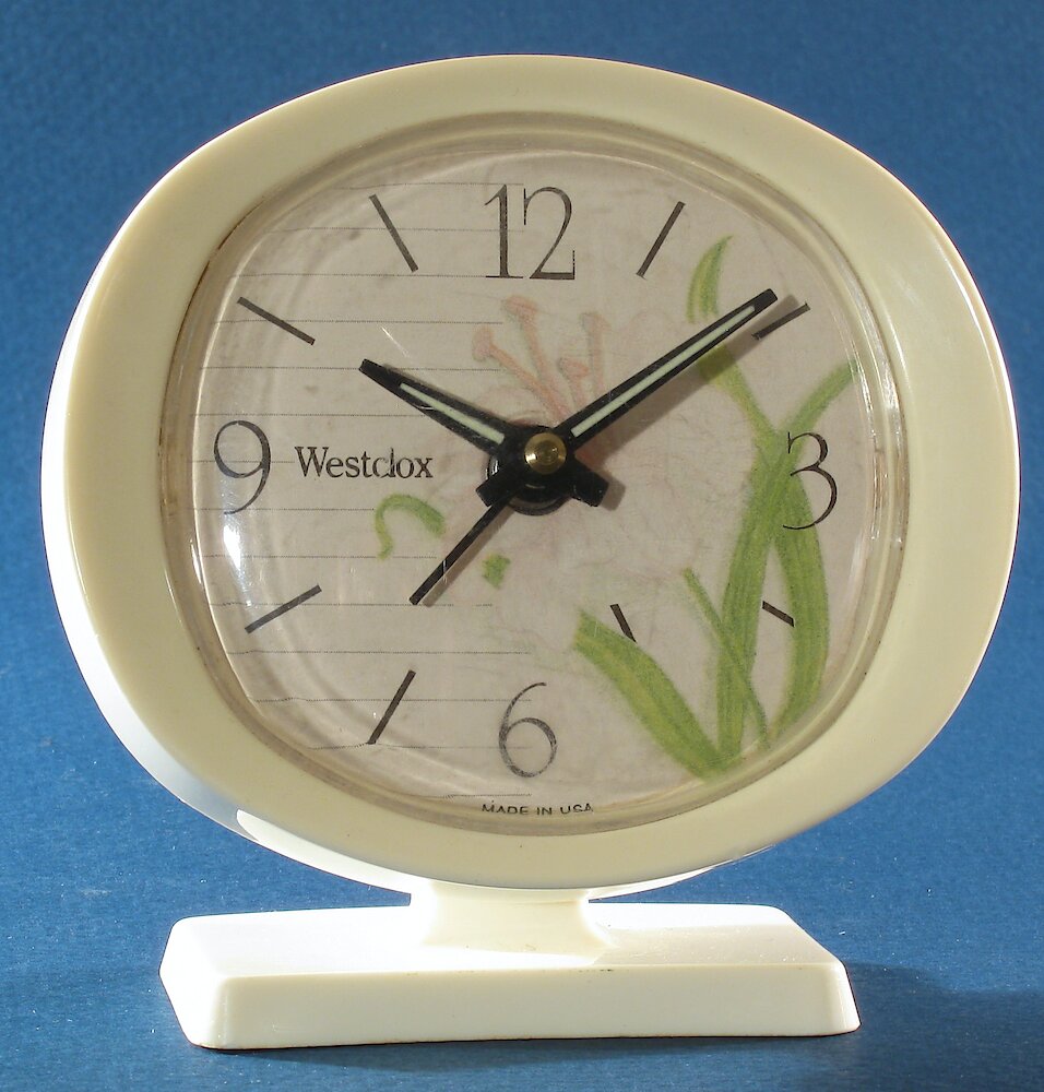 Westclox Lady Ben Blossom Baby Ben Style 9 White Case. Westclox Lady Ben Blossom Baby Ben Style 9 White Case Clock Example Photo