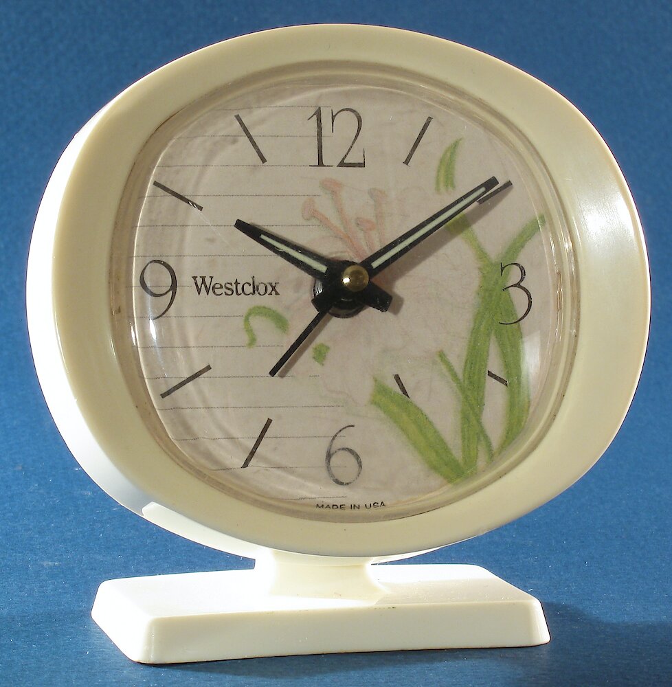 Westclox Lady Ben Blossom Baby Ben Style 9 White Case. Westclox Lady Ben Blossom Baby Ben Style 9 White Case Clock Example Photo