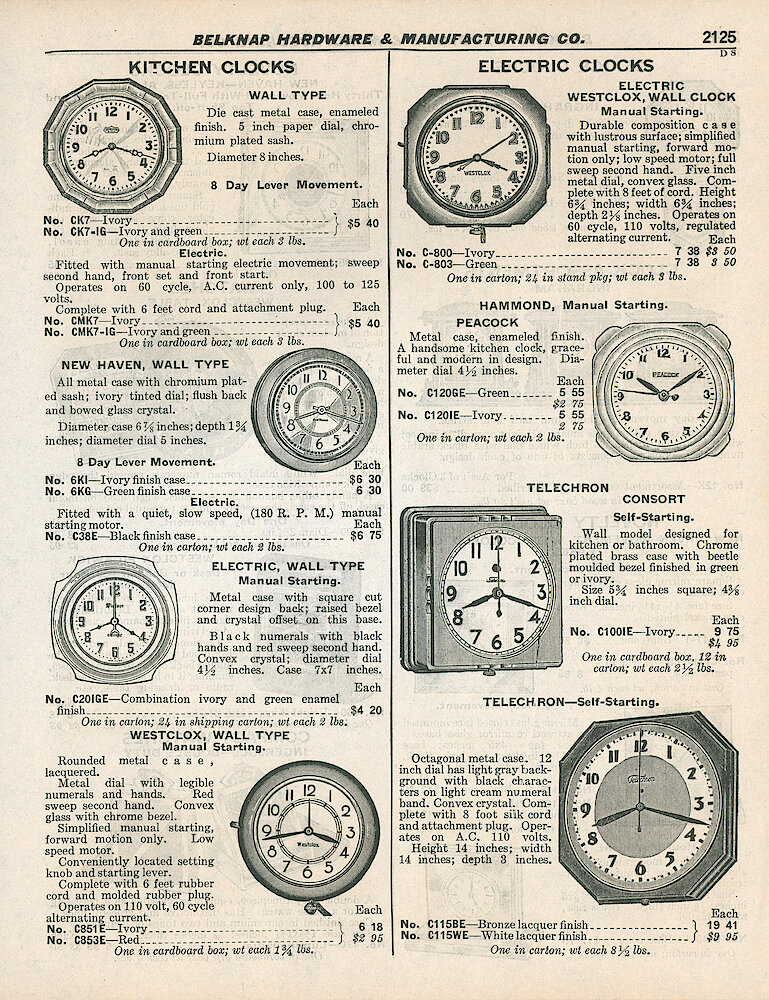 Belknap Hardware 1937 Catalog > 2125. Westclox Electric Wall Clock. Telechron Octagon Wall Clock.
