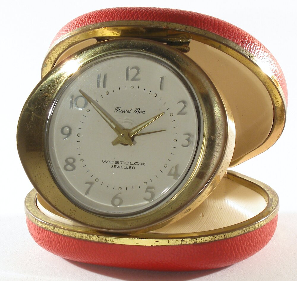 Westclox Travel Ben Red Oval Case Jewelled. Westclox Travel Ben Red Oval Case Jewelled Clock Example Photo