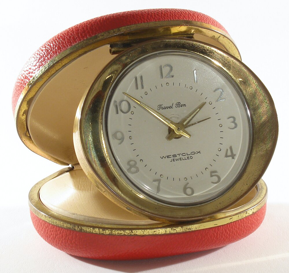 Westclox Travel Ben Red Oval Case Jewelled. Westclox Travel Ben Red Oval Case Jewelled Clock Example Photo