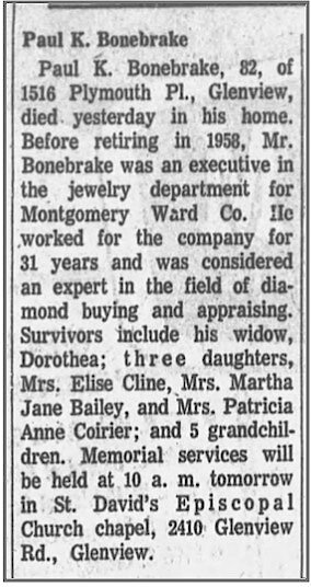 Westclox Zep Non Luminous. Obituary of Paul K Bonebrake, Chicago Tribune, February 26, 1973. Courtesy of Patricia Holloway