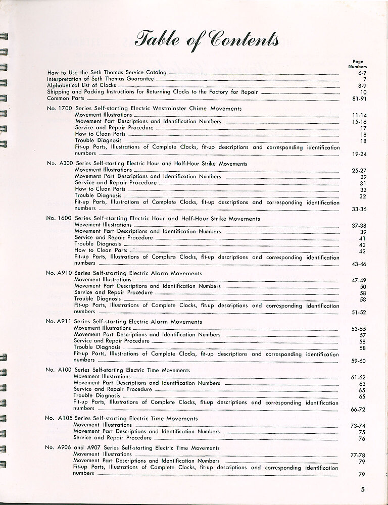 Seth Thomas Electric Clock Material Catalog and Service Manual > Table of Contents