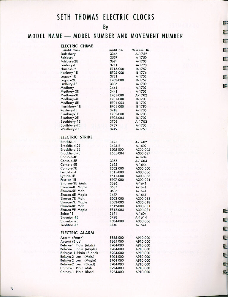 Seth Thomas Electric Clock Material Catalog and Service Manual > Model & Movement List - 1. Clock Model Names Showing Model Number And Movement Number.