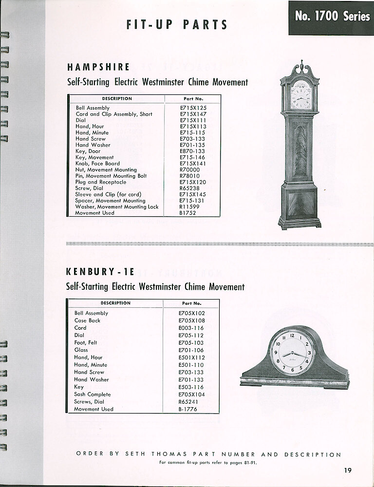 Seth Thomas Electric Clock Material Catalog and Service Manual > 1700 Series Westminister Chime Movements > Hampshire, Kenbury. Hampshire (tall Case), Kenbury - 1E Mantel Clock Fit-up Parts.