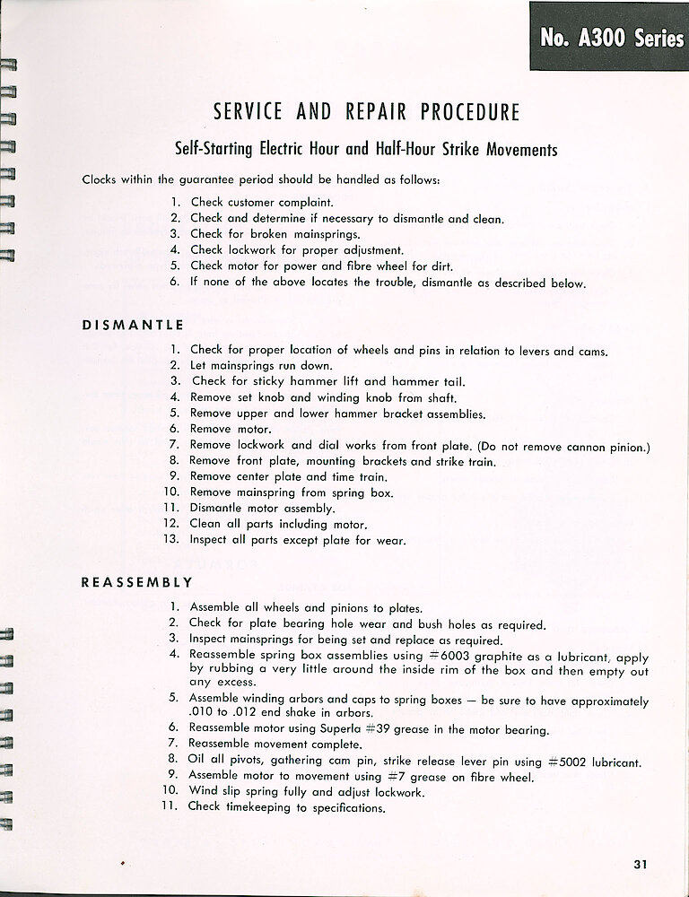 Seth Thomas Electric Clock Material Catalog and Service Manual > A300 Series Striking Movements > Service & Repair Procedure