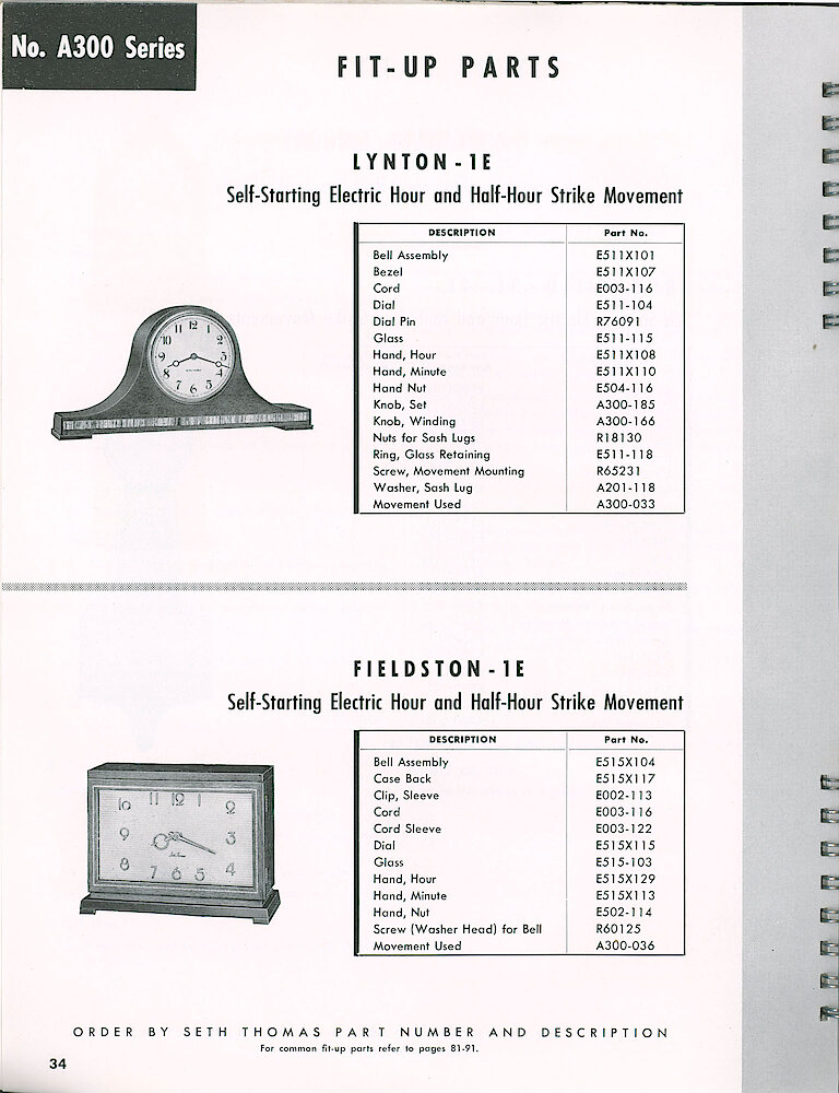 Seth Thomas Electric Clock Material Catalog and Service Manual > A300 Series Striking Movements > Lynton, Fieldston. Lynton - 1E And Fieldston - 1E Mantel Clock Fit-up Parts.