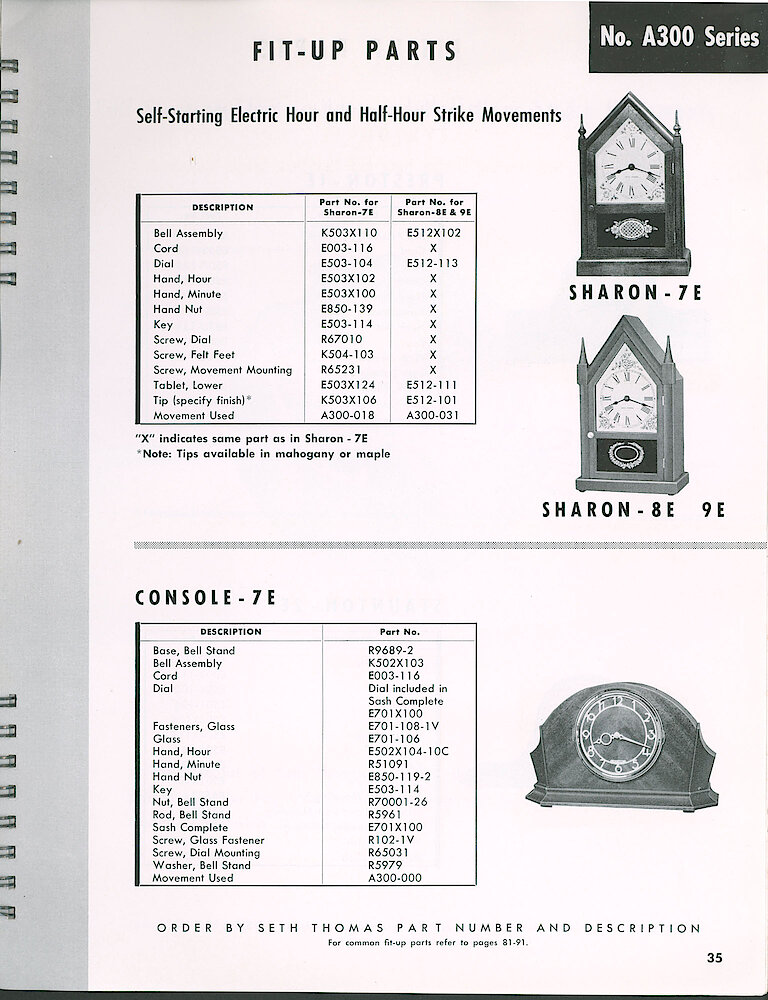 Seth Thomas Electric Clock Material Catalog and Service Manual > A300 Series Striking Movements > Sharon, Console. Sharon - 7E And 8E Steeple Clock And Console - 7E Mantel Clock Fit-up Parts.