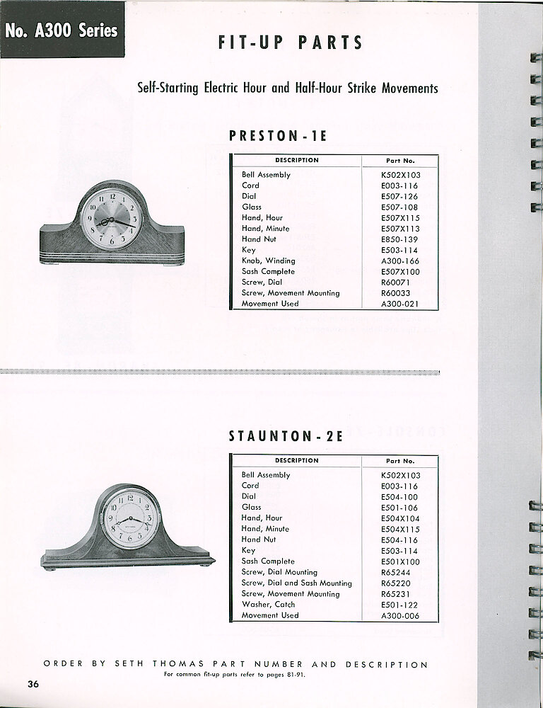 Seth Thomas Electric Clock Material Catalog and Service Manual > A300 Series Striking Movements > Preston, Staunton. Preston - 1E And Staunton - 2E Mantel Clock Fit-up Parts.
